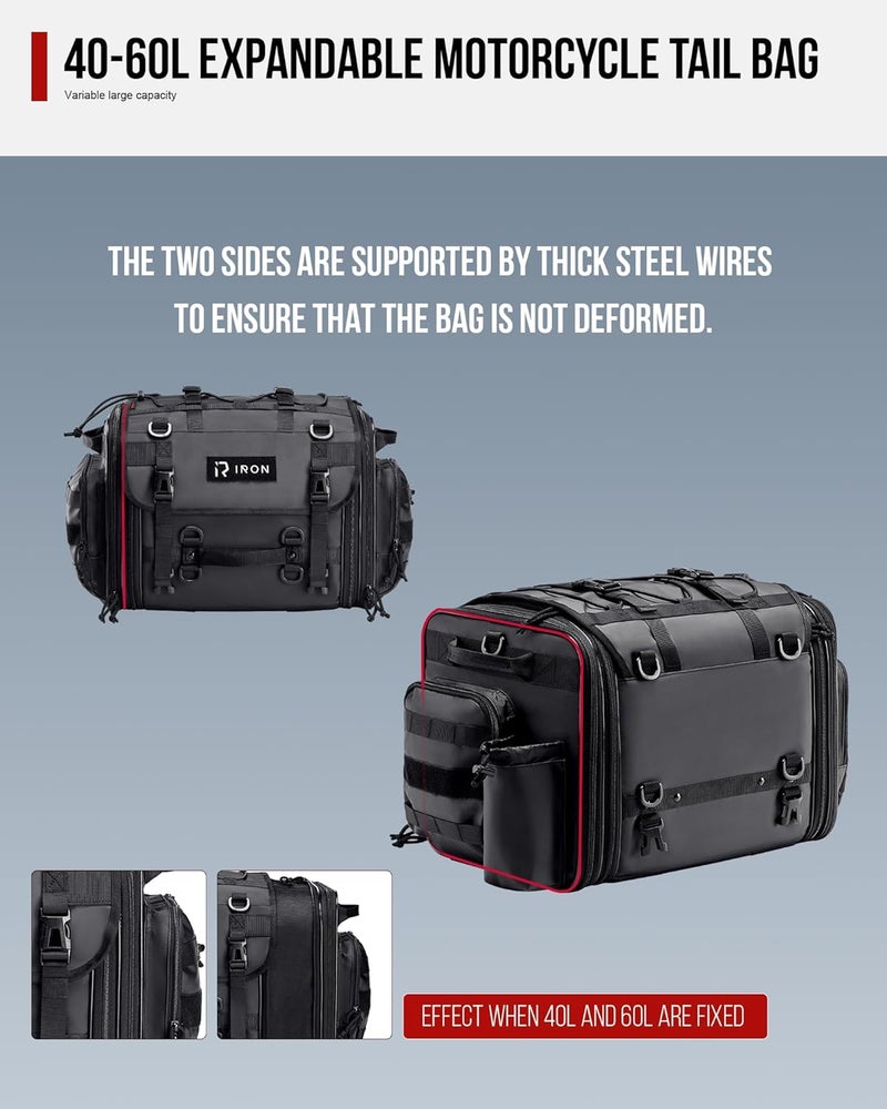 RIDEIRON Motorcycle Tail Bag, Expandable Motorcycle Travel Luggage Bags 40L-60L, Waterproof Rear Rack Trunk with Rain Cover and Sissy Bar Straps - Image 5